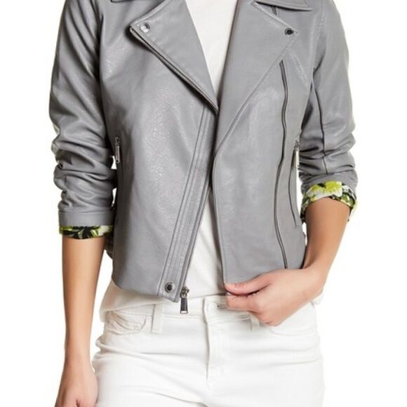 BCBG Faux Leather Front Zip Jacket Gray S - Picture 1 of 8